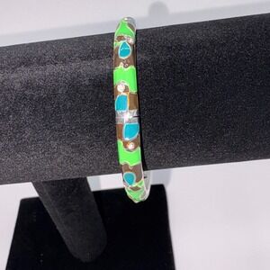 Sequin NY Enamel Crystal Hinged Bangle Bracelet Green Camo Abstract Silver Tone